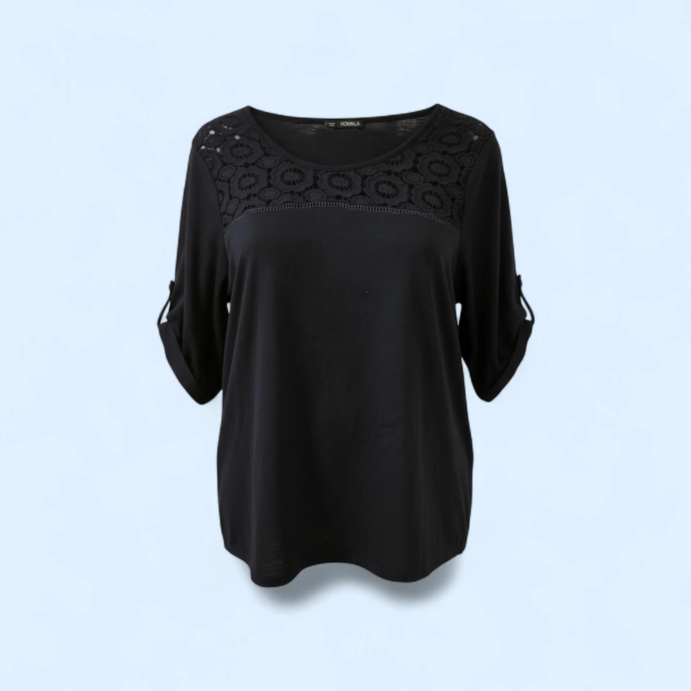 Navy Pullover Shirt with Lace Accents.